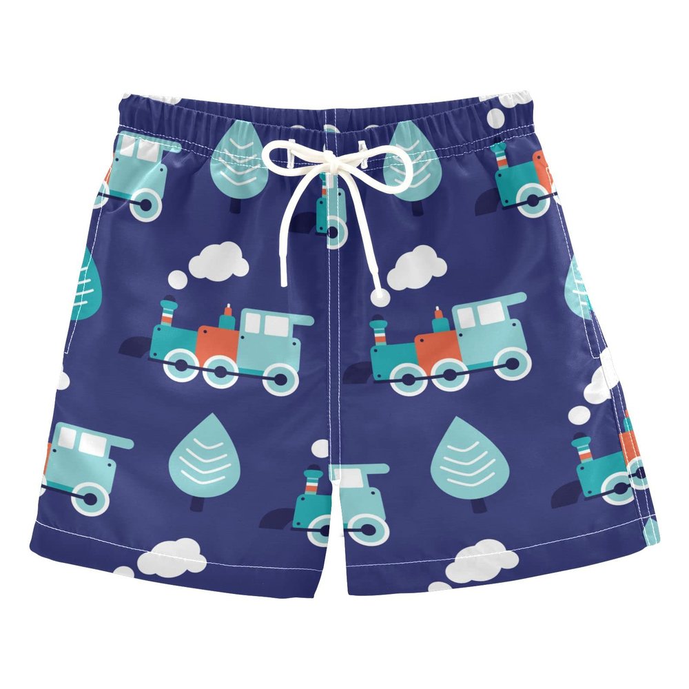 Aflyko Boys' Board Shorts Blue Steam Train Leaves Toddler Swim Trunk Beach Swimwear