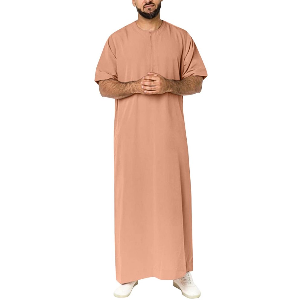 QWENTMTNTY Kaftan for Men Short Sleeve Casual Zip Up Muslim Thobe Dresses Loose Fit Solid Round Neck Beach Summer Robe Dress Khaki