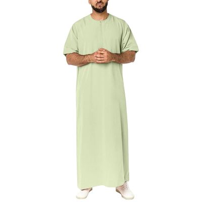 QWENTMTNTY Kaftan for Men Short Sleeve Casual Zip Up Muslim Thobe Dresses Loose Fit Solid Round Neck Beach Summer Robe Dress Green