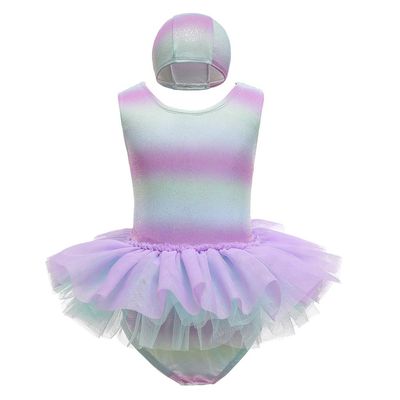 DYMCII Girls One-Piece Rainbow Swimsuits Toddler Kids Mermaid Fishscale Bathing Suits Outdoors Jumpsuit Swimwear w/Cap Lavender 2-3T