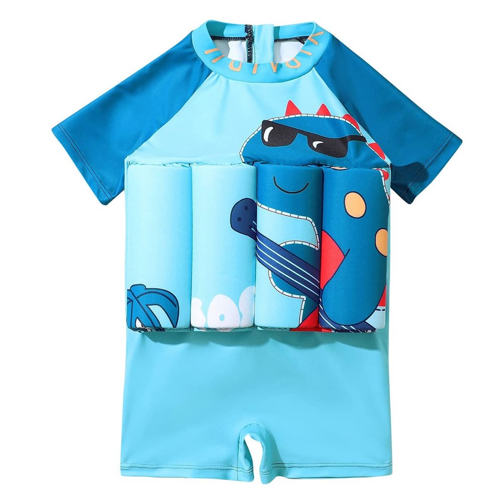 Kids Baby Boys Float Suit with Adjustable Buoyancy Dinosaur Floatation Swimsuit Floating Swimwear Bathing Suit Toddler Swim Vest with 8 Removable Buoyancy Sticks Blue Dinosaur + Guitar 4-5 Years
