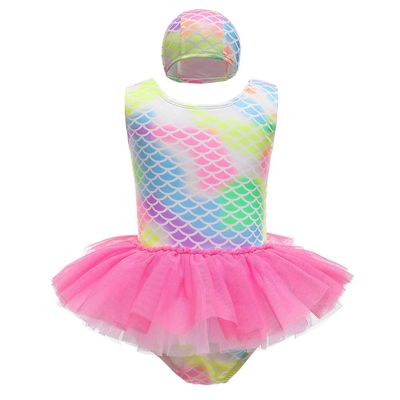 DYMCII Girls One-Piece Rainbow Swimsuits Toddler Kids Mermaid Fishscale Bathing Suits Outdoors Jumpsuit Swimwear w/Cap Rose 3-4T