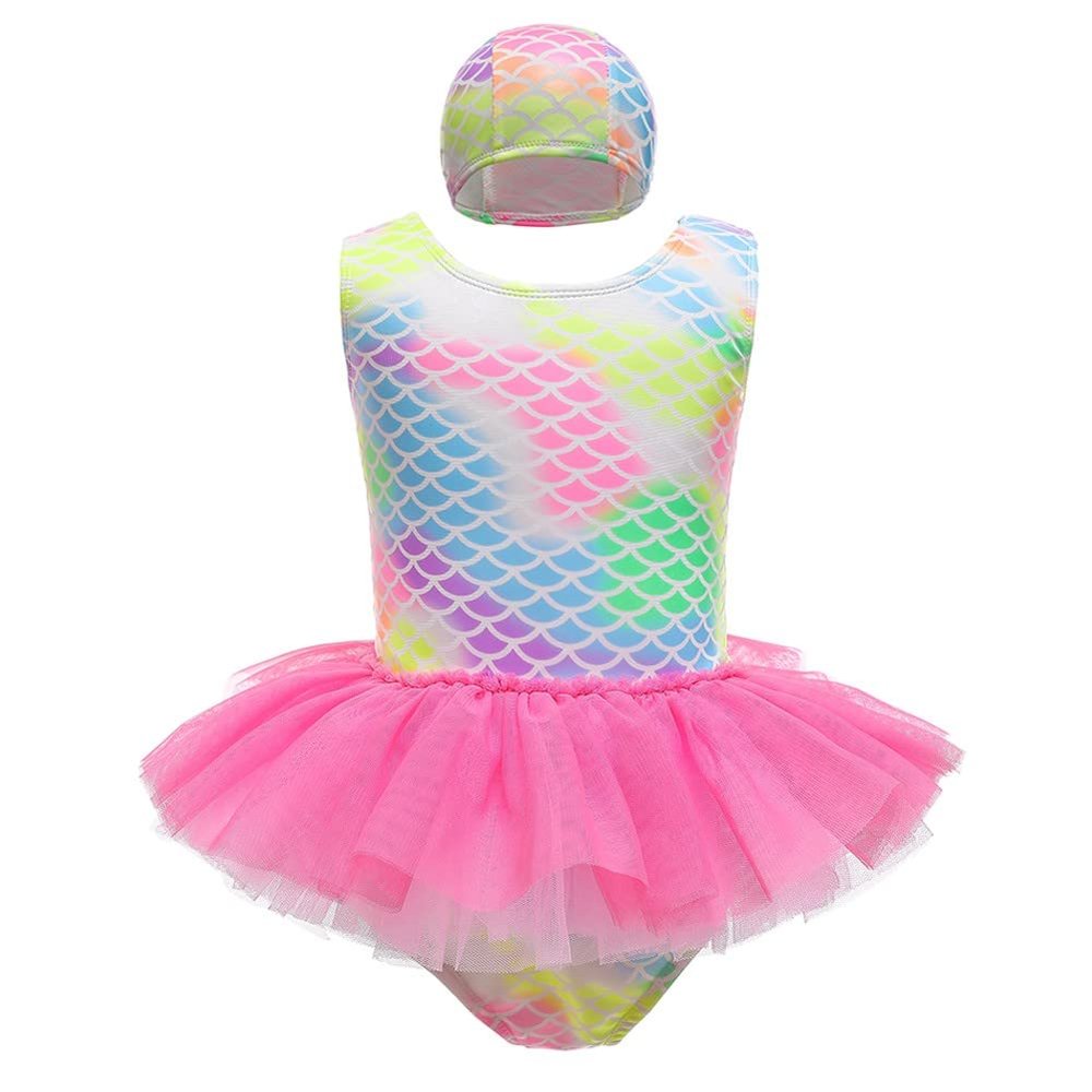 DYMCII Girls One-Piece Rainbow Swimsuits Toddler Kids Mermaid Fishscale Bathing Suits Outdoors Jumpsuit Swimwear w/Cap Rose 3-4T