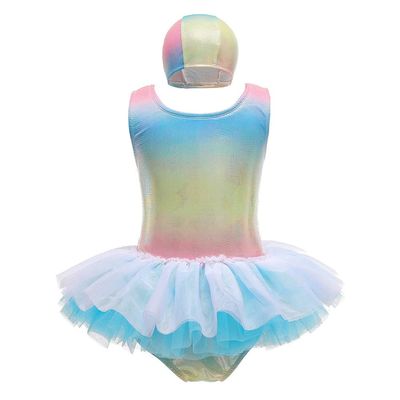 DYMCII Baby Girls One-Piece Rainbow Swimsuits Toddler Kids Mermaid Fishscale Bathing Suits Outdoors Jumpsuit Swimwear w/Cap Blue 7-8T