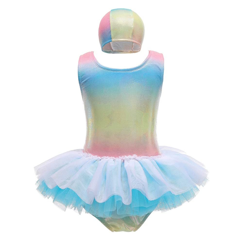 DYMCII Baby Girls One-Piece Rainbow Swimsuits Toddler Kids Mermaid Fishscale Bathing Suits Outdoors Jumpsuit Swimwear w/Cap Blue 7-8T