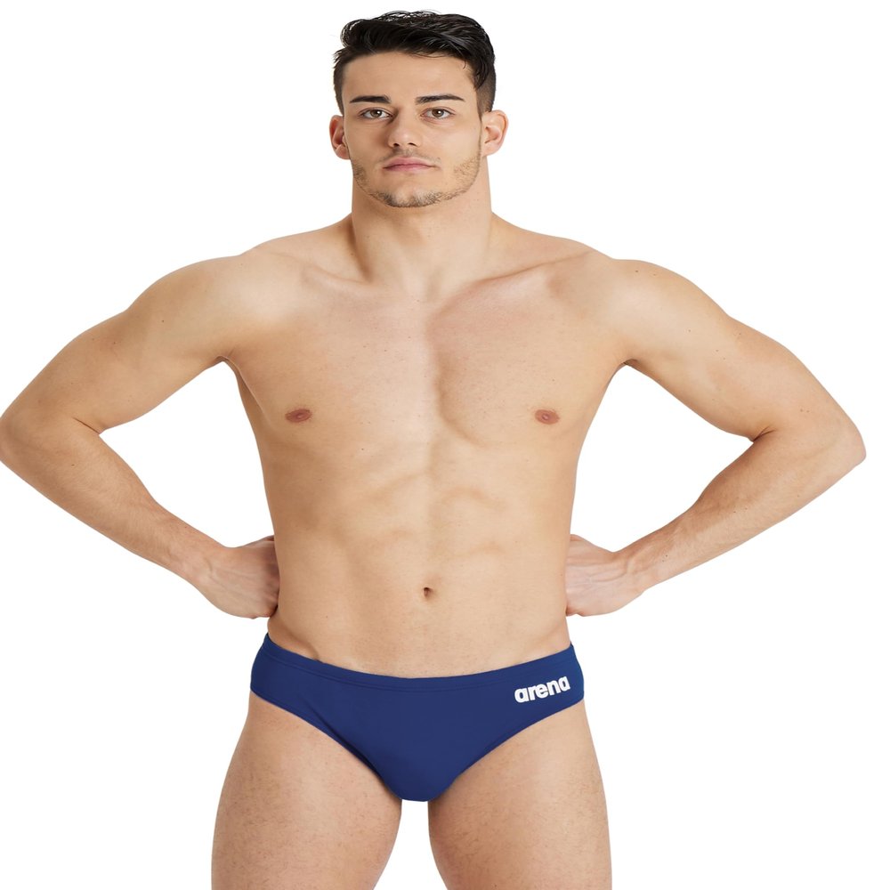 ARENA Mens Team Solid Swim Brief MaxLife Athletic Swimwear Professional Training Swimsuit Sports Bathing Suit, Navy/White, US Size 28