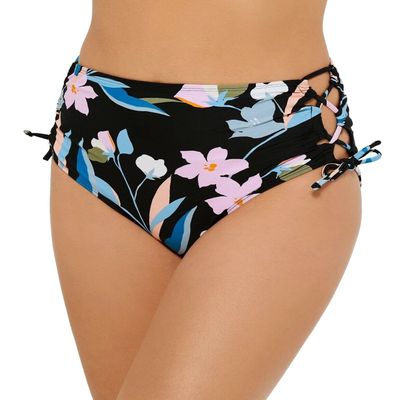 Hula Honey Women's Swimwear Small High Waist Lace Up Floral Black S