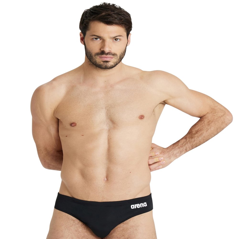 ARENA Mens Team Solid Swim Brief MaxLife Athletic Swimwear Professional Training Swimsuit Sports Bathing Suit, Black/White, US Size 34