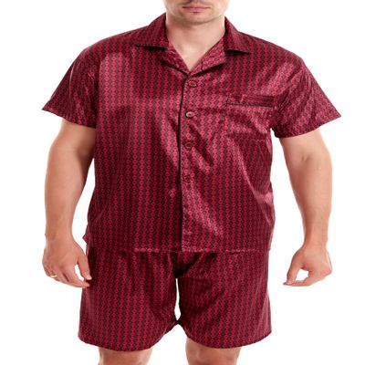 Sanraflic Men's Satin Pajamas Short Button-Down Pj Set Sleepwear Loungewear (Wine Red/Black, Medium)