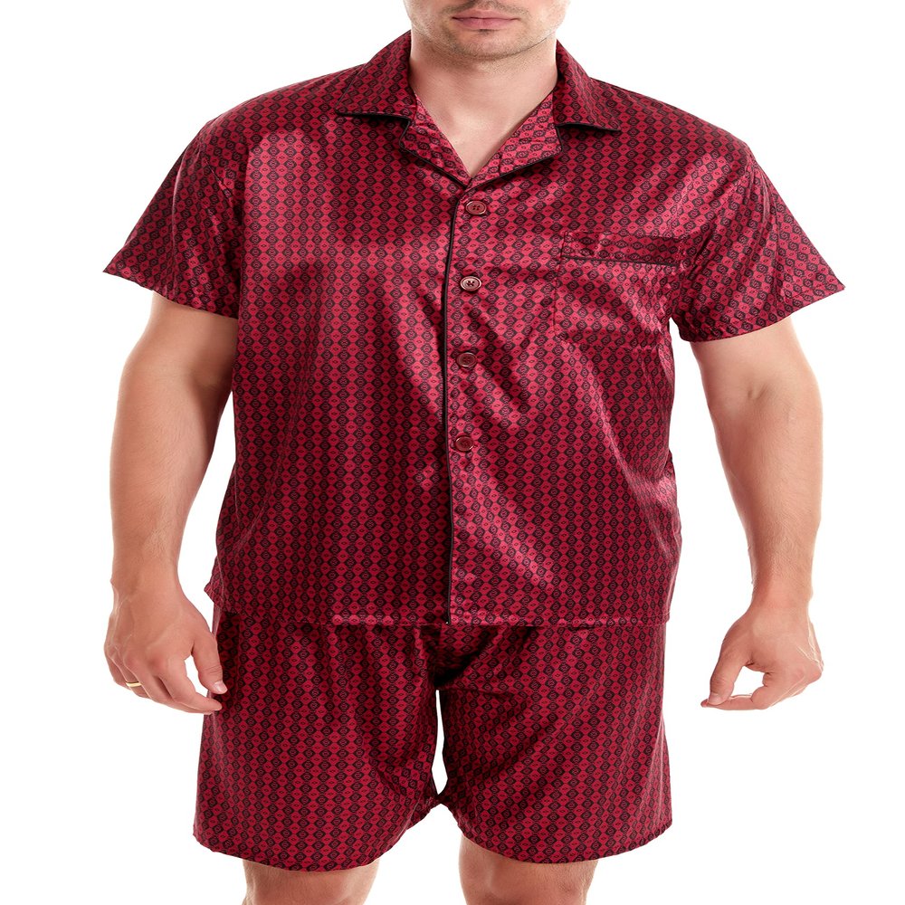 Sanraflic Men's Satin Pajamas Short Button-Down Pj Set Sleepwear Loungewear (Wine Red/Black, Medium)