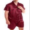 Sanraflic Men's Satin Pajamas Short Button-Down Pj Set Sleepwear Loungewear (Wine Red/Black, Medium) view 2