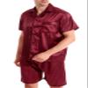 Sanraflic Men's Satin Pajamas Short Button-Down Pj Set Sleepwear Loungewear (Wine Red/Black, Medium) view 3