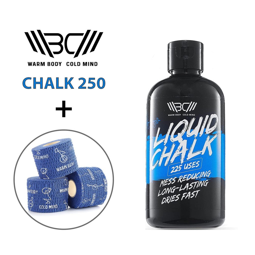WARM BODY COLD MIND Liquid Chalk 250 ml + 3 Blue Tape Rolls Bundle for Weightlifting, Powerlifting, Strength Deadlift Training