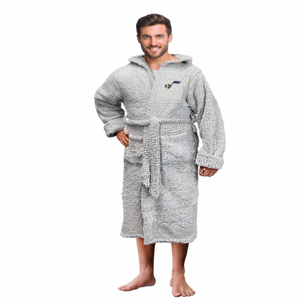 Northwest NBA Adult Plush Hooded Robe with Pockets - 100% Polyester Sherpa Blend - Machine Washable - Relaxation & Style (Utah Jazz - Gray, One Size)