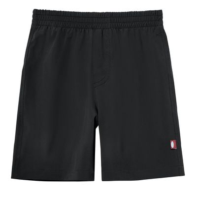 Boys Quick-Dry Solid Color Swim Shorts with Stretchable Waistline - UPF 50+, Rashguard Above Knee Bathing Suit Board Trunks - Soft & Linerless for Kid's Comfort - Made in USA - 7, Black