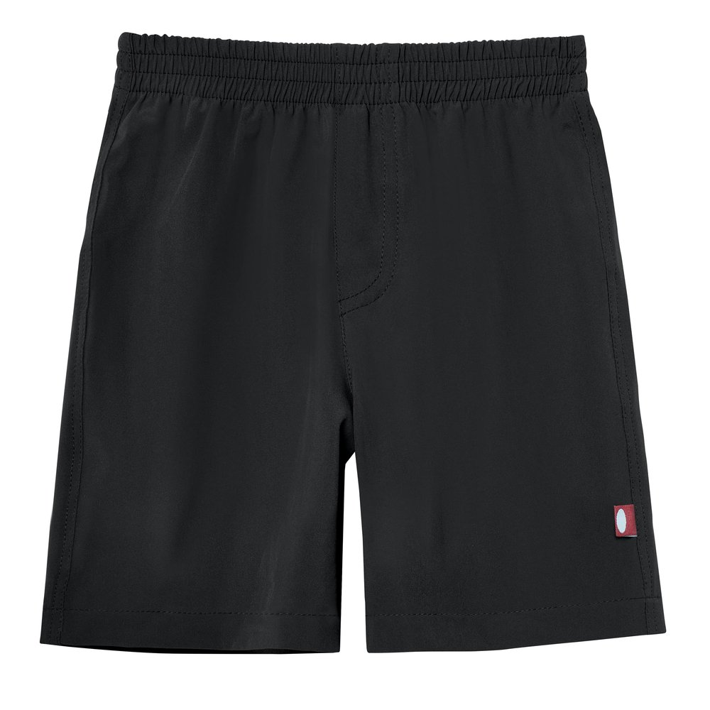 Boys Quick-Dry Solid Color Swim Shorts with Stretchable Waistline - UPF 50+, Rashguard Above Knee Bathing Suit Board Trunks - Soft & Linerless for Kid's Comfort - Made in USA - 7, Black