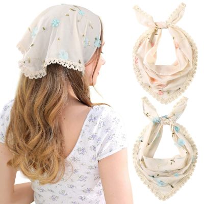 AWAYTR 2Pcs Floral Hair Bandanas Tie-back Head Kerchief for Women Flower Mesh Hair Scarves Lightweight Triangular Head Scarf (Lace trim(Blue/Pink))