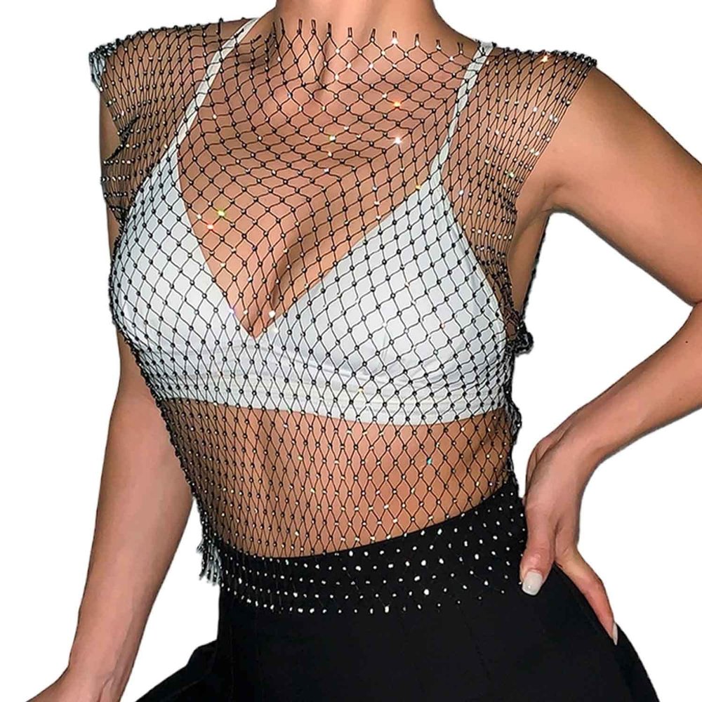 Aksod Women Rhinestone See Through Mesh Dress Sleeveless Fishnet Hollow Out Crop Top Stretch Swimsuit Bikini Cover Up Sets Sexy Beach Body Accessories for Women and Girls (Black Top+Skirt)
