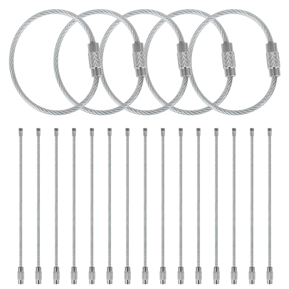 TopTie 20PCS Key Chain Stainless Steel Wire Key Ring, 6-Inch Silver Cable Dog Tag Ring Luggage Tag Loops