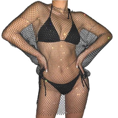 Aksod Women Sexy Rhinestone See Through Mesh Beach Bikini Swimsuit Bat Sleeve Fishnet Beach Cover Up Dress Stretch Hollow Out Swimwear Party Body Jewerly Accessories for Women and Girls