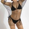 Aksod Women Sexy Rhinestone See Through Mesh Beach Bikini Swimsuit Bat Sleeve Fishnet Beach Cover Up Dress Stretch Hollow Out Swimwear Party Body Jewerly Accessories for Women and Girls view 3