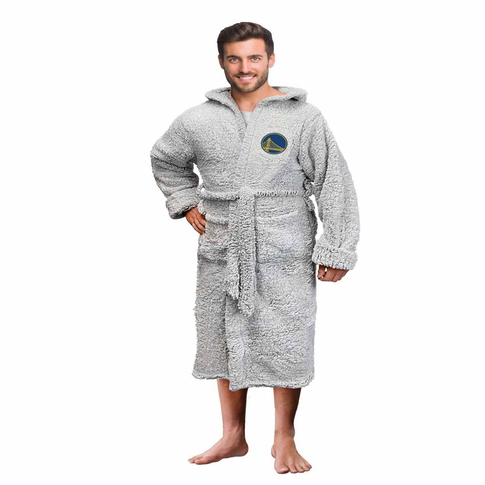Northwest NBA Adult Plush Hooded Robe with Pockets - 100% Polyester Sherpa Blend - Machine Washable - Relaxation & Style (Golden State Warriors - Gray, One Size)