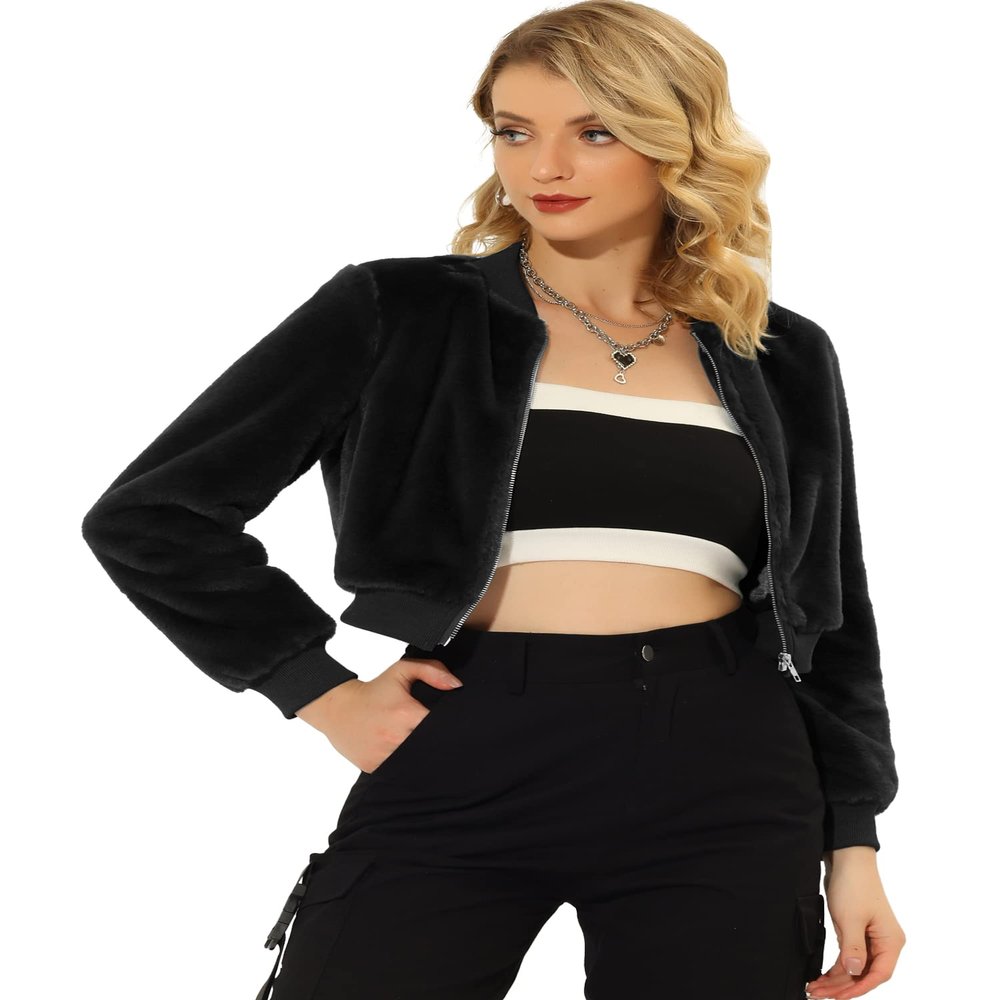 Allegra K Women's Faux Fur Coats Long Sleeve 2023 Fall Zipper Up Crop Jacket X-Large Black