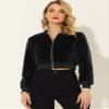 Allegra K Women's Faux Fur Coats Long Sleeve 2023 Fall Zipper Up Crop Jacket X-Large Black view 2