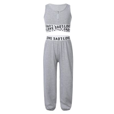 TAIKMD Kids Girls Crop Tops with Athletic Pants Tracksuit Gymnastic Active Workout Clothing Set Two Piece Dance Outfit (5-6, Gray)