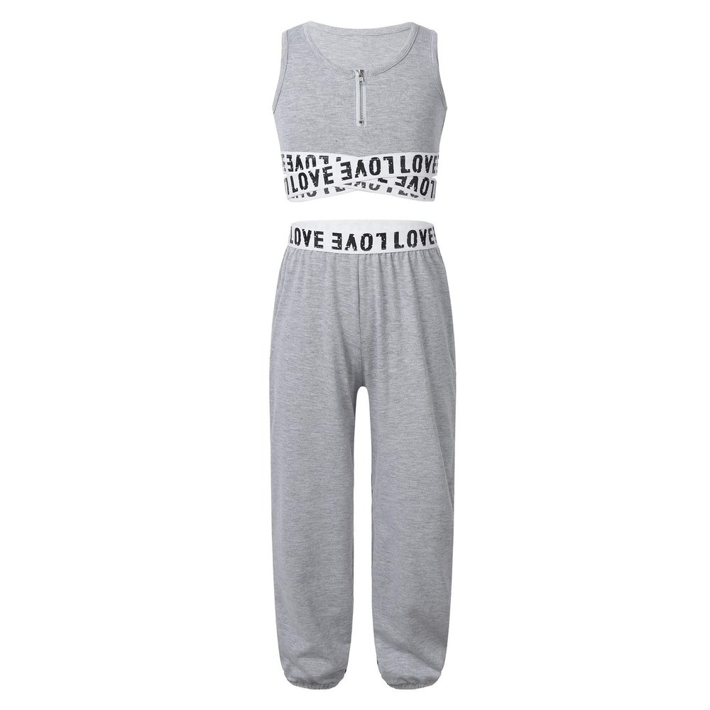 TAIKMD Kids Girls Crop Tops with Athletic Pants Tracksuit Gymnastic Active Workout Clothing Set Two Piece Dance Outfit (5-6, Gray)