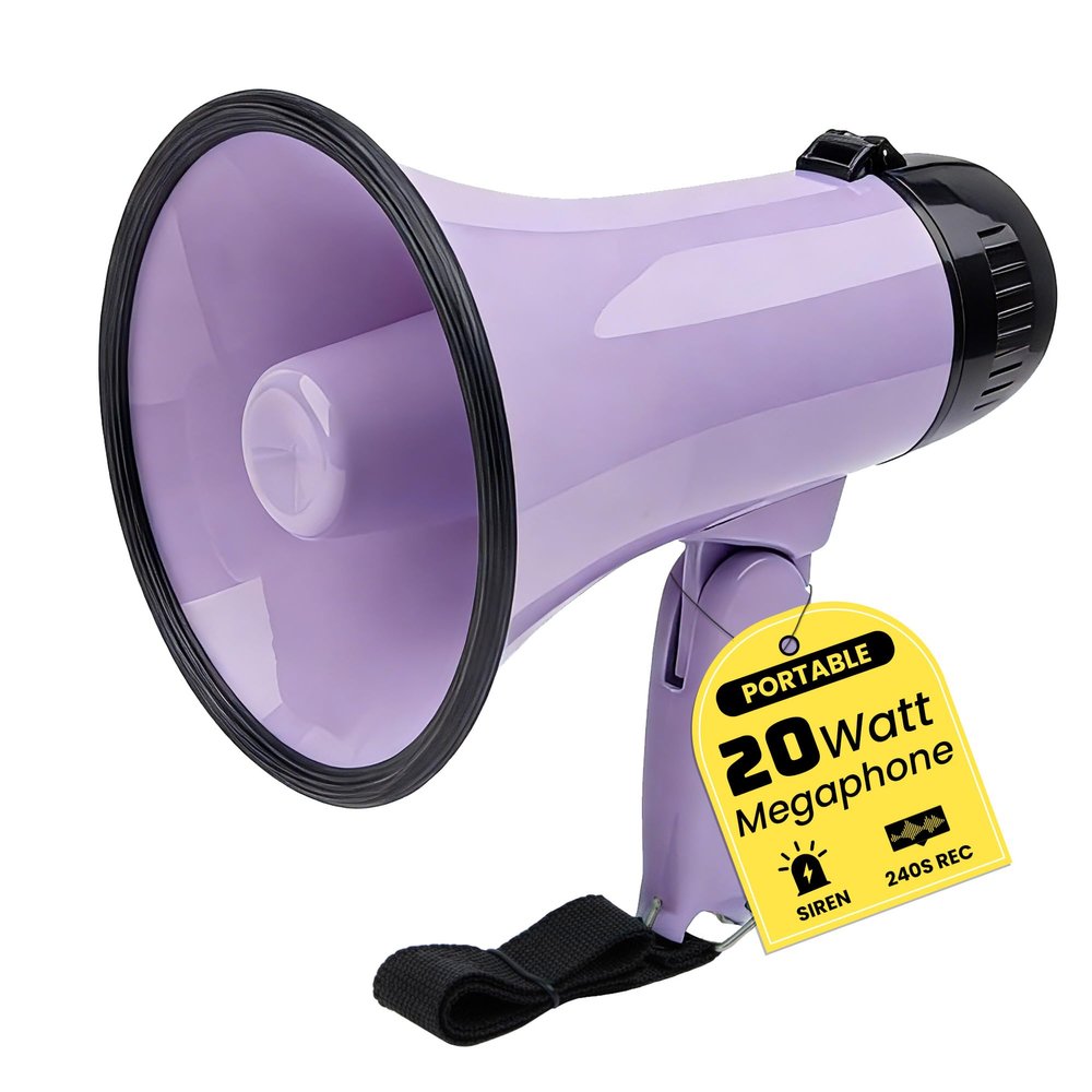 MyMealivos Portable Megaphone Bullhorn 20 Watt Power Megaphone Speaker Voice and Siren/Alarm Modes with Volume Control and Strap (Purple)