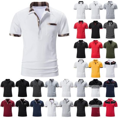 QWENTMTNTY Men's Polo Shirts with Pocket Short Sleeve Cotton Slim Fit T-Shirts Casual Quick Dry Patchwork Jersey Golf Tees E-White