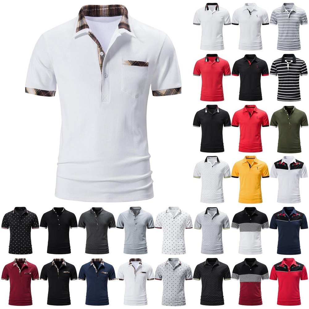 QWENTMTNTY Men's Polo Shirts with Pocket Short Sleeve Cotton Slim Fit T-Shirts Casual Quick Dry Patchwork Jersey Golf Tees E-White