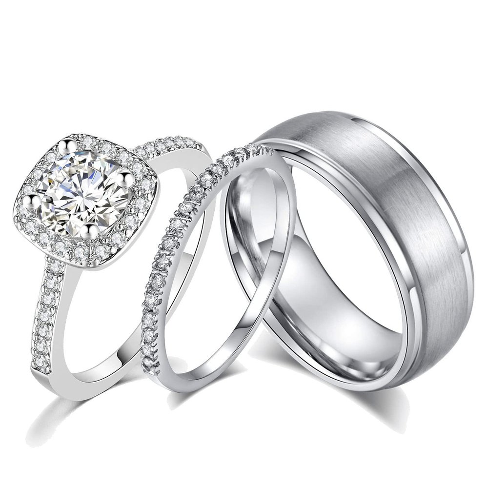 Ahloe Jewelry CEJUG 18k Gold Wedding Ring Sets for Him and Her Womens Mens Titanium Stainless Steel Rings Bands 1.5Ct Cz Couple Rings Size 10&8