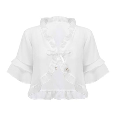 FEESHOW Little Girls Short Sleeve Knitted Bolero Cardigan Shrug Lace-up Straps Front Top Cover up Sweater White 3-6 Years