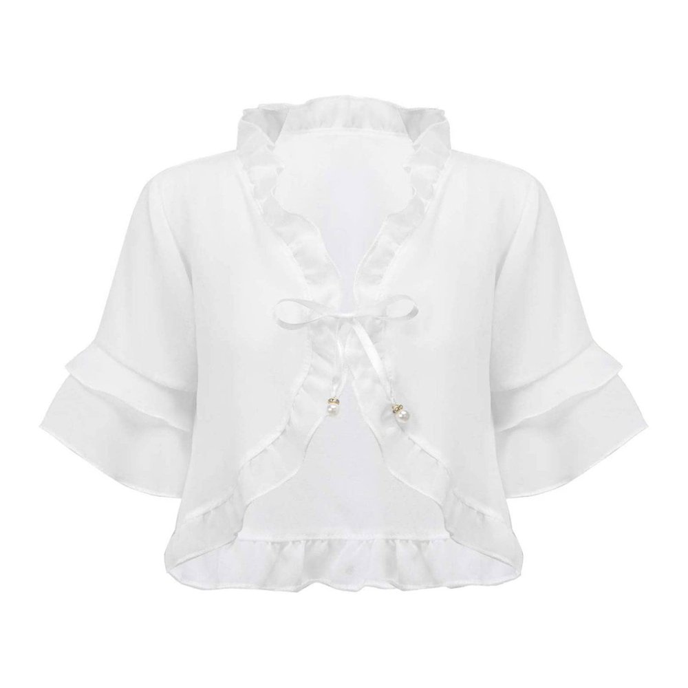 FEESHOW Little Girls Short Sleeve Knitted Bolero Cardigan Shrug Lace-up Straps Front Top Cover up Sweater White 3-6 Years