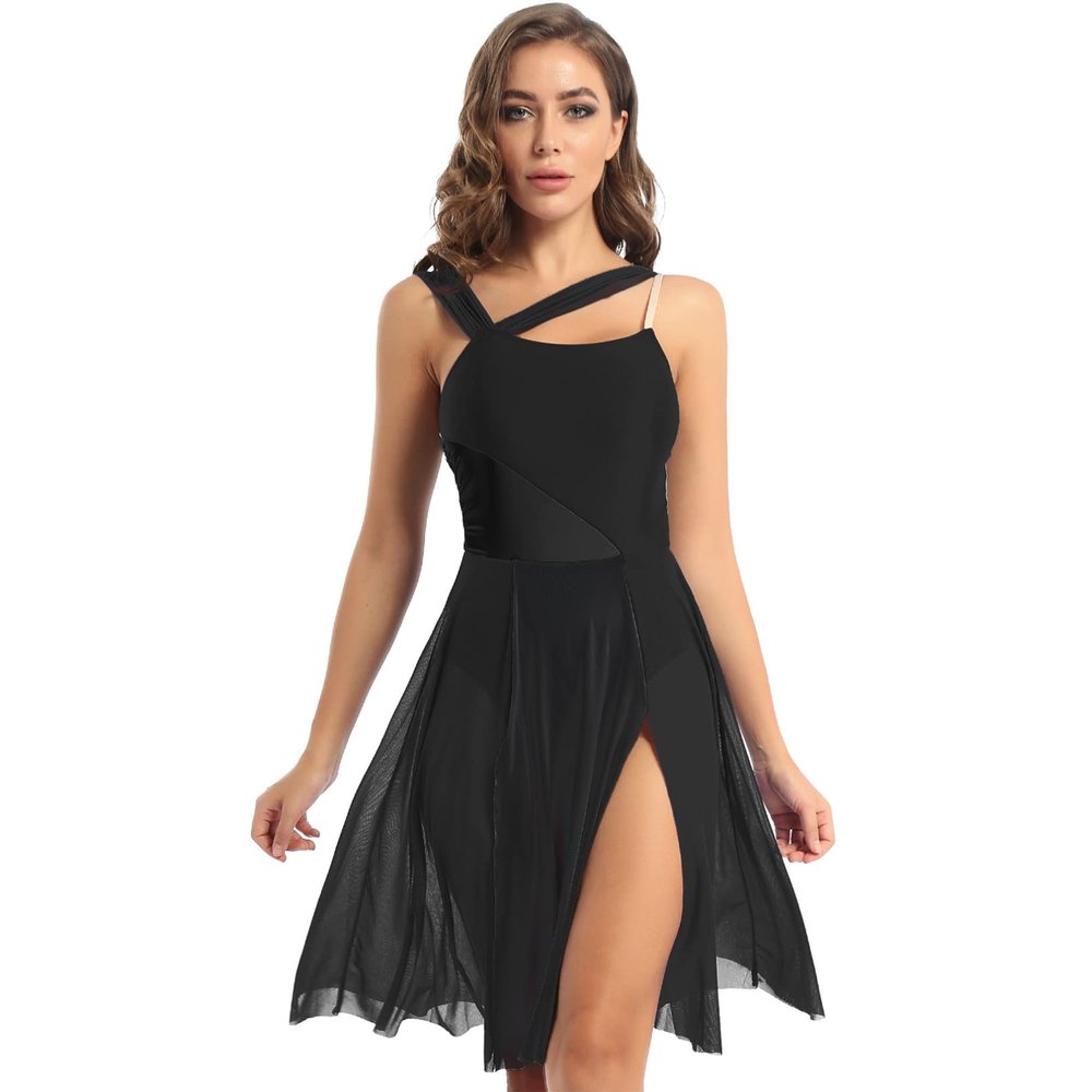 Jhaoyu Women Mesh Overlay Shoulder Color Block Lyrical Modern Contemporary Dance Leotard Dress Costume Black Medium