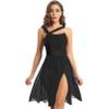 Jhaoyu Women Mesh Overlay Shoulder Color Block Lyrical Modern Contemporary Dance Leotard Dress Costume Black Medium view 1
