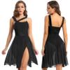 Jhaoyu Women Mesh Overlay Shoulder Color Block Lyrical Modern Contemporary Dance Leotard Dress Costume Black Medium view 3