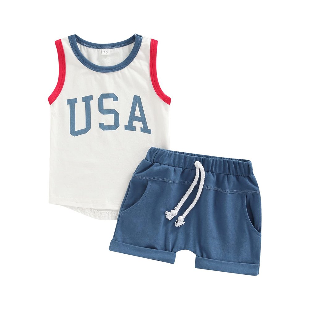 JLKGICF Newborn Baby Boys 4th of July Outfits Sleeveless USA Print Tank Top + Solid Shorts American Independence Day Clothes(USA Tank Top+Blue Shorts, 12-18 Months)