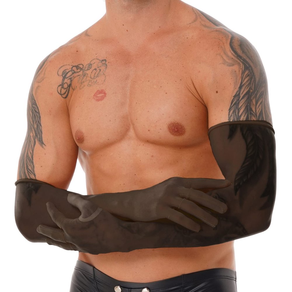 QinCiao Mens Mesh See Through One Pair Long Ultra-thin Stretchy Gloves Sun UV Protection Black One Size