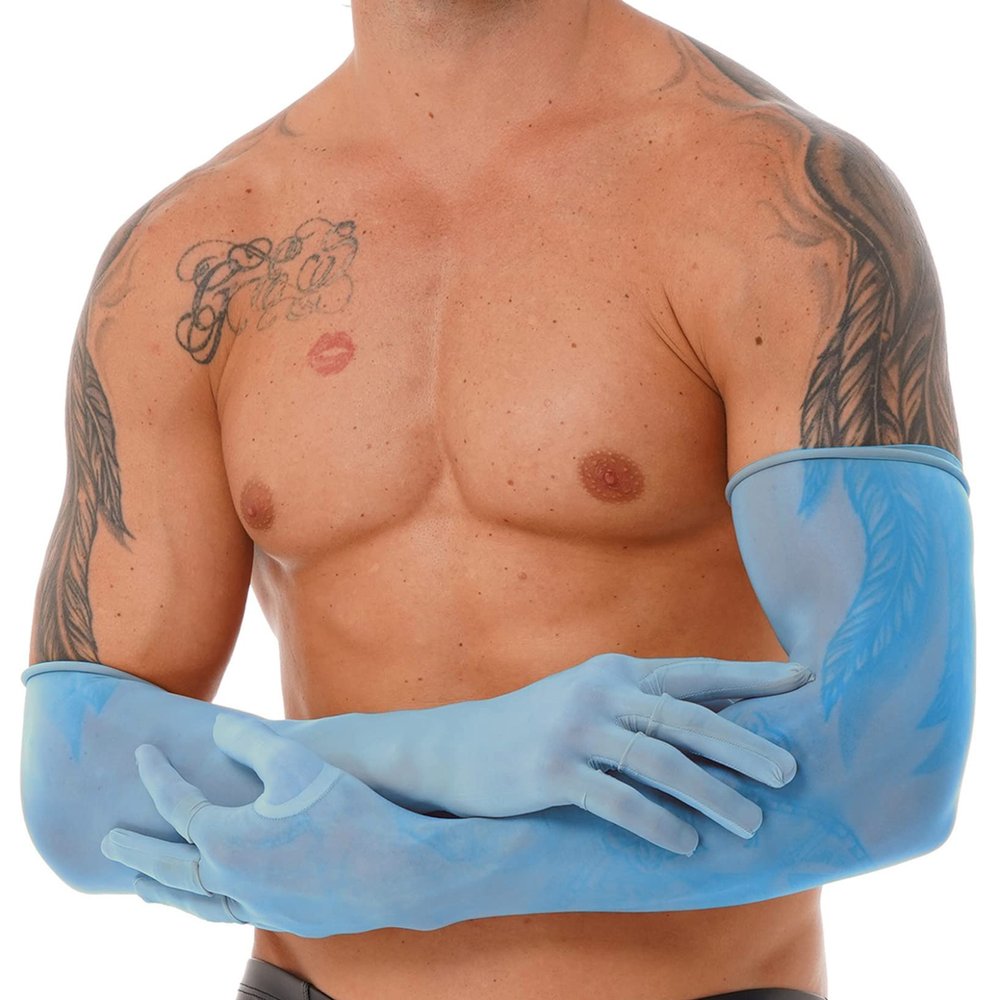QinCiao Mens Mesh See Through One Pair Long Ultra-thin Stretchy Gloves Sun UV Protection Blue One Size