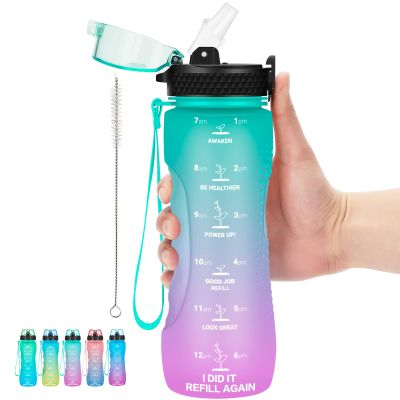 AIDEAMART 24 OZ Motivational Kids Water Bottle With Time Marker,Straw Lid,Leak Proof, Tritan BPA Free Sports Water Bottle Green-Purple(1 Lid)