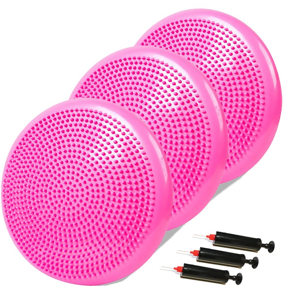 3-Pack High-Density PVC Inflatable Wobble Cushion with Hand Pumps - Balance Board & Disc for Kids/Adults Core Stability, Strengthening Exercises, Classroom & Gym Use (Pink, 3 Pcs)