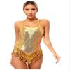 XUNZOO Women Latin Dance Costume Fringe Samba Dress Sequin Tassel Leotard Cross Back Performance Dress Gold Large view 1
