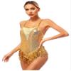 XUNZOO Women Latin Dance Costume Fringe Samba Dress Sequin Tassel Leotard Cross Back Performance Dress Gold Large view 4