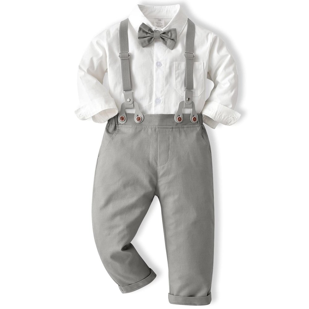 ALINTU Boys Dress Clothes, Long Sleeve Dress Shirt + Suspender Pants Set, Gentleman Outfits for Boys, Grey, 18-24 Months = Tag 90