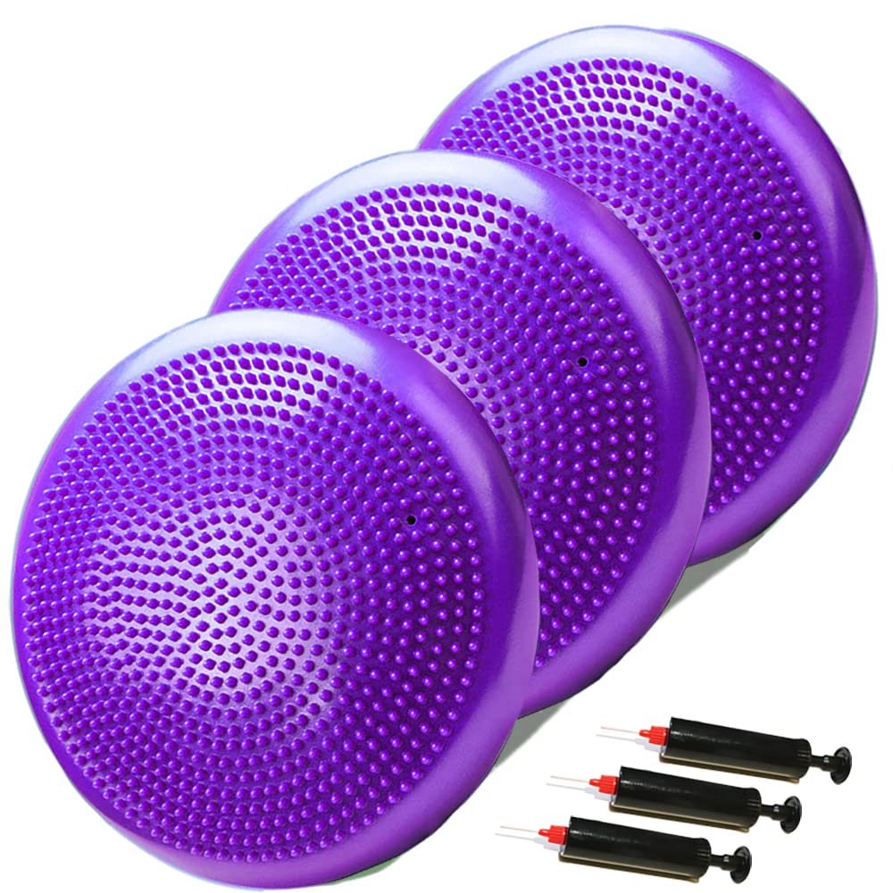 3-Pack High-Density PVC Inflatable Wobble Cushion with Hand Pumps - Balance Board & Disc for Kids/Adults Core Stability, Strengthening Exercises, Classroom & Gym Use (Purple, 3 Pcs)