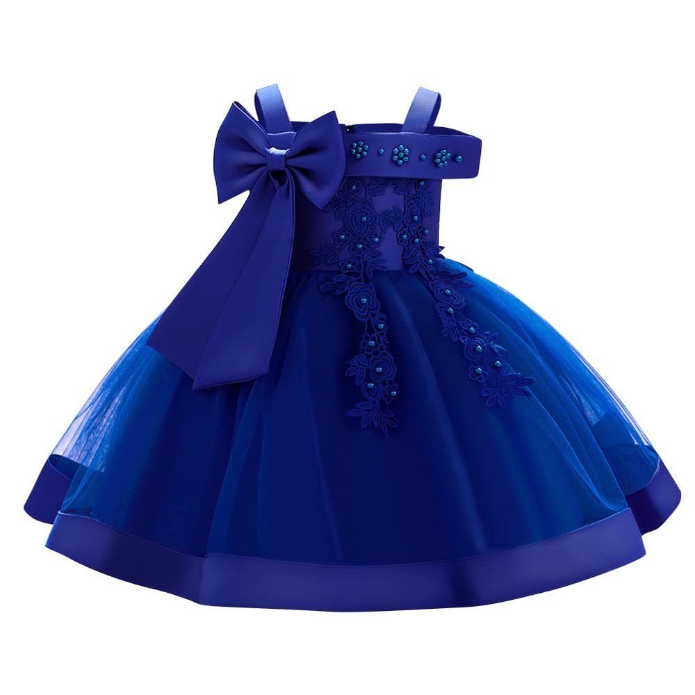 Flower Girls Bowknot Tutu Dress for Kids Baby Wedding Bridesmaid Birthday Party Pageant Formal Dresses Toddler Little Princess First Communion Baptism Christening Gown Royal Blue - Lace 2-3 Years