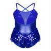Moily Womens Mesh Sequin Leotard with Fringe Cross Back Spaghetti Straps Gymnastic Dancewear Costumes Royal_Blue Large view 4